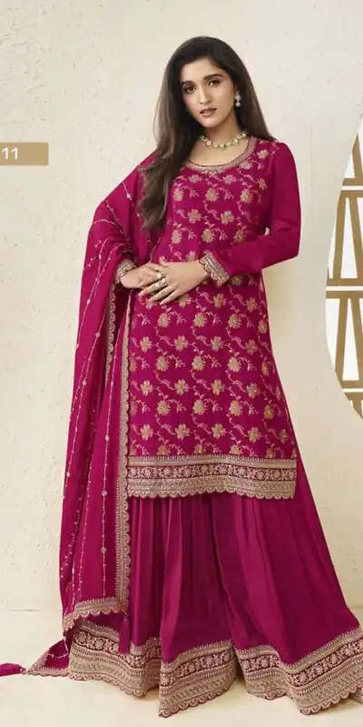 Rani Pink Jacquard Silk Chinon Multi Work Salwar Suit | Jump Suits, Salwar suit, Casual Suits, Creative suits, Designer Suits, Palazzo Suits, Party Wear Suits, Patiala Suits, Straight Suits