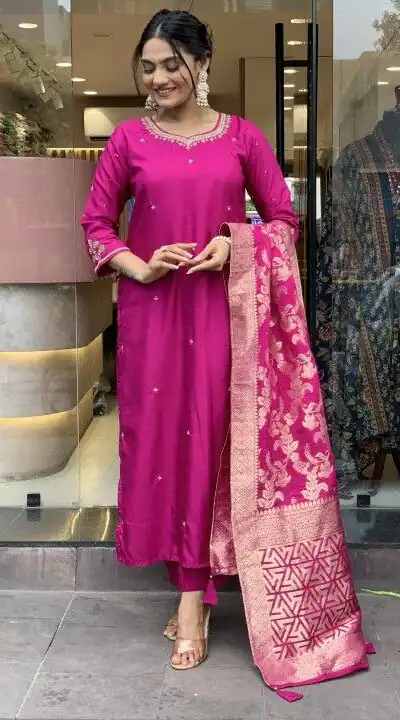 Rani Pink Roman Silk Coding Work Salwar Suit | Jump Suits, Salwar suit, Casual Suits, Creative suits, Designer Suits, Palazzo Suits, Party Wear Suits, Patiala Suits, Straight Suits