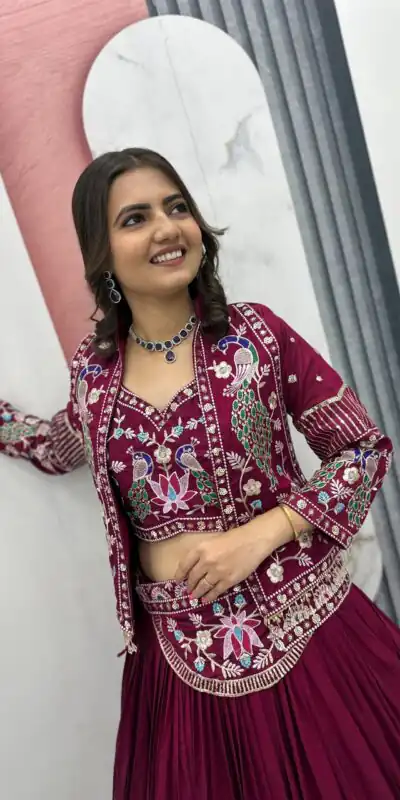 Rani Pink Vichitra Silk Thread Work Lehenga Choli | Lehenga, Bollywood Lehenga, Creative Lehenga, Designer Lehenga, Embroidered Lehenga, Party Wear Lehenga