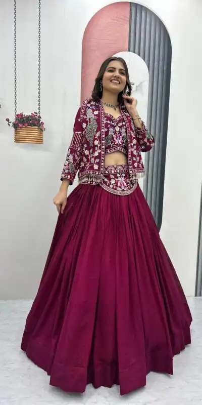 Rani Pink Vichitra Silk Thread Work Lehenga Choli | Lehenga, Bollywood Lehenga, Creative Lehenga, Designer Lehenga, Embroidered Lehenga, Party Wear Lehenga