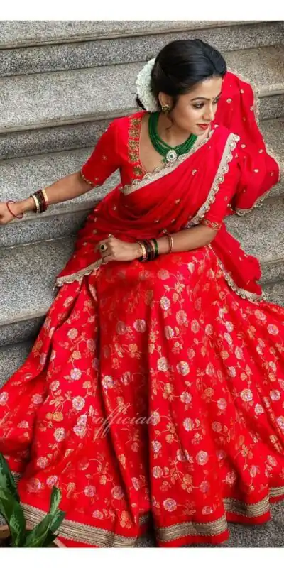 Red Banarasi Jacquard Silk Sequence Work Lehenga Choli | Lehenga, Bollywood Lehenga, Creative Lehenga, Designer Lehenga, Embroidered Lehenga, Party Wear Lehenga