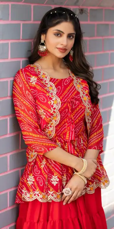 Red Bandhej Embroidery Thread Work Lehenga Crop Top & Jacket | Lehenga, Bollywood Lehenga, Creative Lehenga, Designer Lehenga, Embroidered Lehenga, Party Wear Lehenga