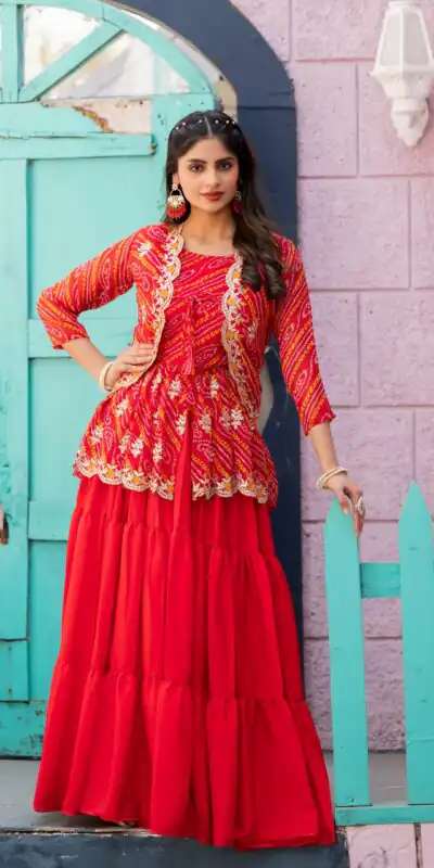 Red Bandhej Embroidery Thread Work Lehenga Crop Top & Jacket | Lehenga, Bollywood Lehenga, Creative Lehenga, Designer Lehenga, Embroidered Lehenga, Party Wear Lehenga