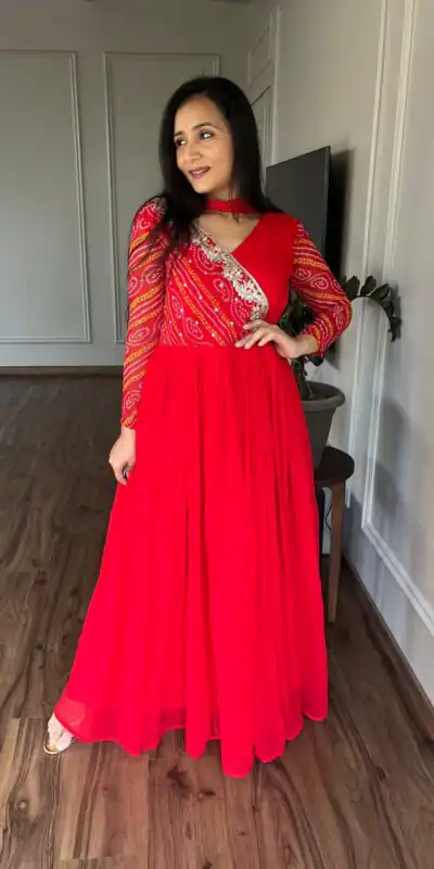 Red Bandhej Fox Georgette Sequence Embroidery Work Anarkali Gown | Gowns, Bollywood Gowns, Creative Gowns, Designer Gowns, Embroidered Gowns, Party Wear Gowns, Straight Suits