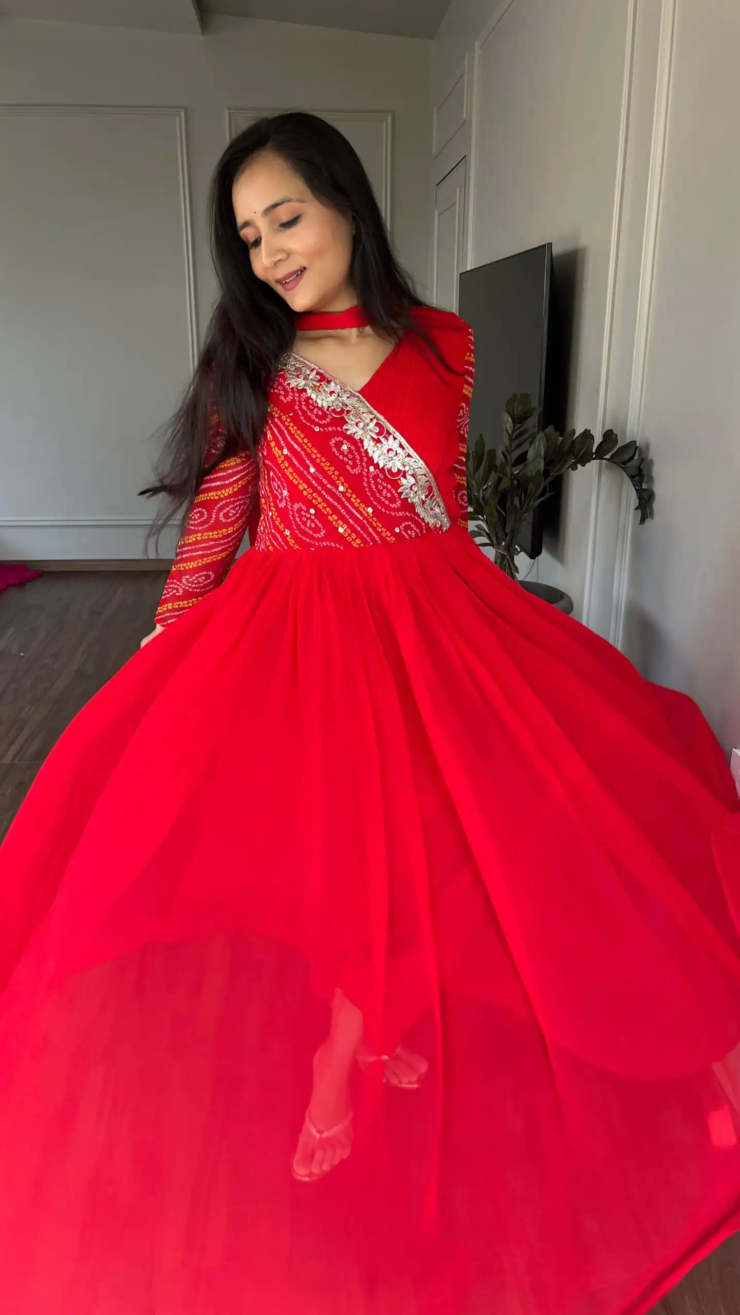 Red Bandhej Fox Georgette Sequence Embroidery Work Anarkali Gown | Gowns, Bollywood Gowns, Creative Gowns, Designer Gowns, Embroidered Gowns, Party Wear Gowns, Straight Suits