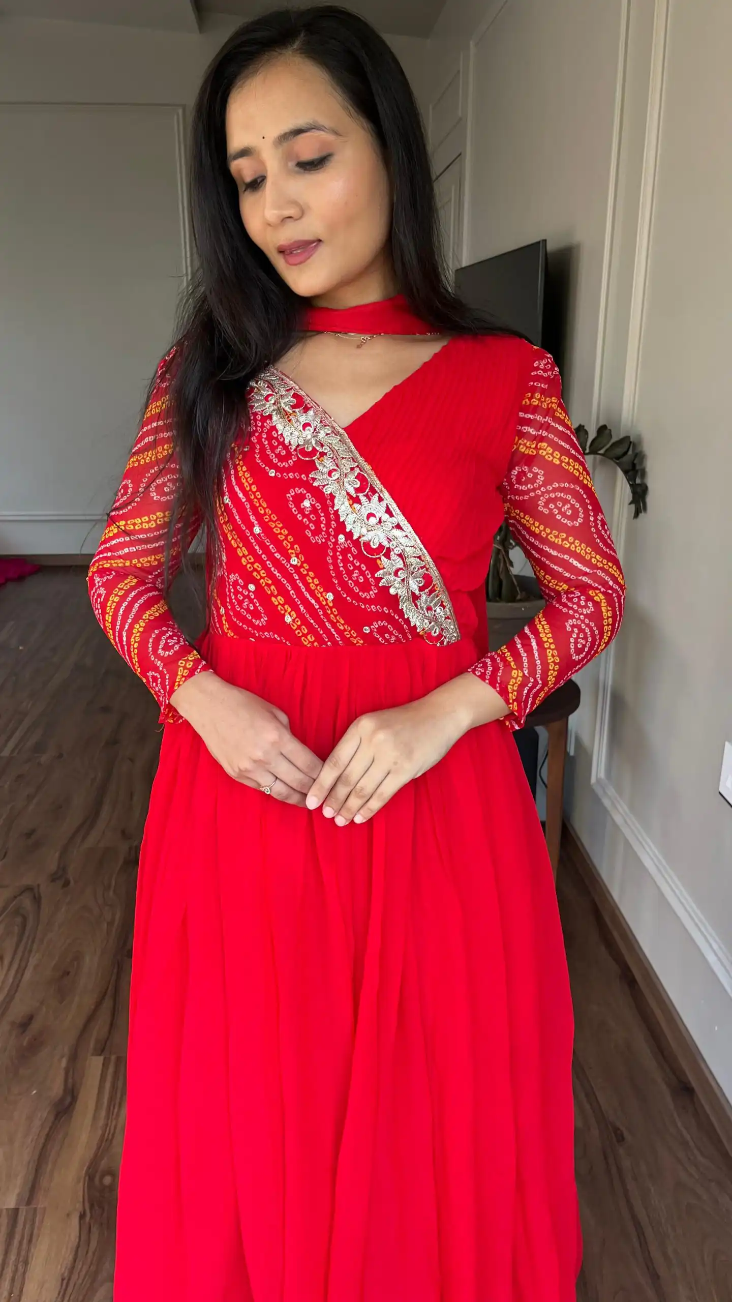 Red Bandhej Fox Georgette Sequence Embroidery Work Anarkali Gown | Gowns, Bollywood Gowns, Creative Gowns, Designer Gowns, Embroidered Gowns, Party Wear Gowns, Straight Suits