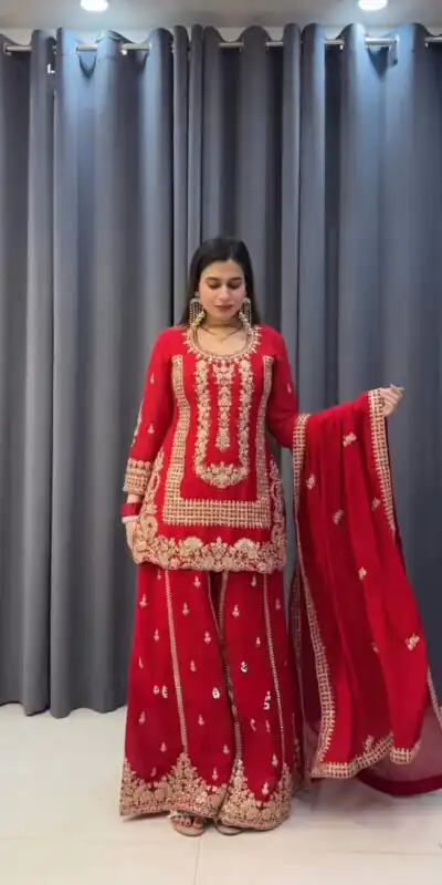 Red Blooming Georgette Sequence Salwar Suit | Salwar suit, Casual Suits, Creative suits, Designer Suits, Palazzo Suits, Party Wear Suits, Patiala Suits, Straight Suits