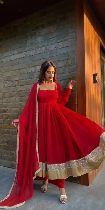 Red Blooming Gorgette Lace Work Salwar Suit | Jump Suits, Salwar suit, Casual Suits, Creative suits, Designer Suits, Palazzo Suits, Party Wear Suits, Patiala Suits, Straight Suits