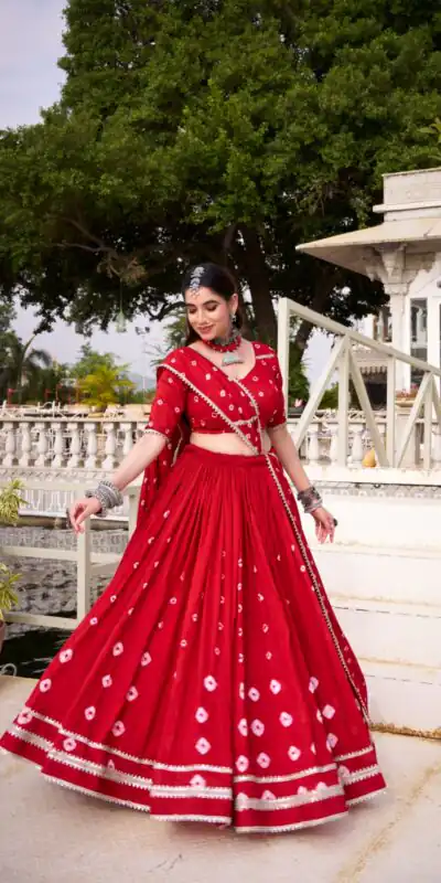 Red Chanderi Bandhej Lehenga Choli | Lehenga, Bollywood Lehenga, Creative Lehenga, Designer Lehenga, Embroidered Lehenga, Party Wear Lehenga