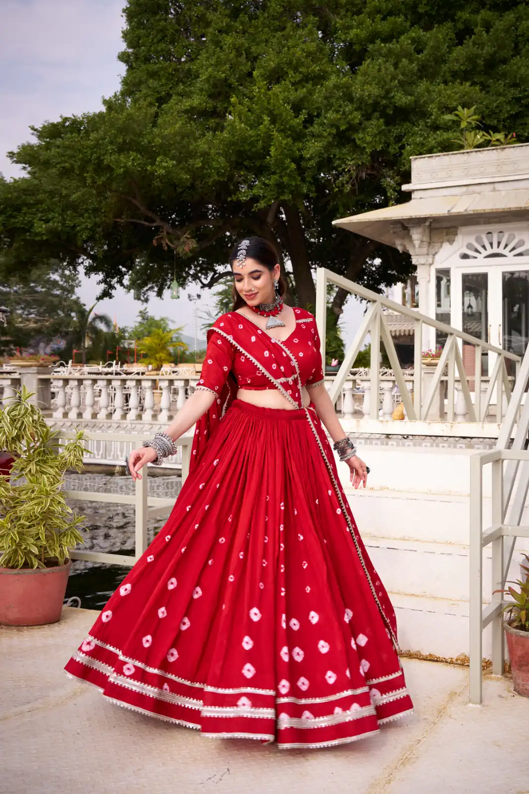 Red Chanderi Bandhej Lehenga Choli | Lehenga, Bollywood Lehenga, Creative Lehenga, Designer Lehenga, Embroidered Lehenga, Party Wear Lehenga