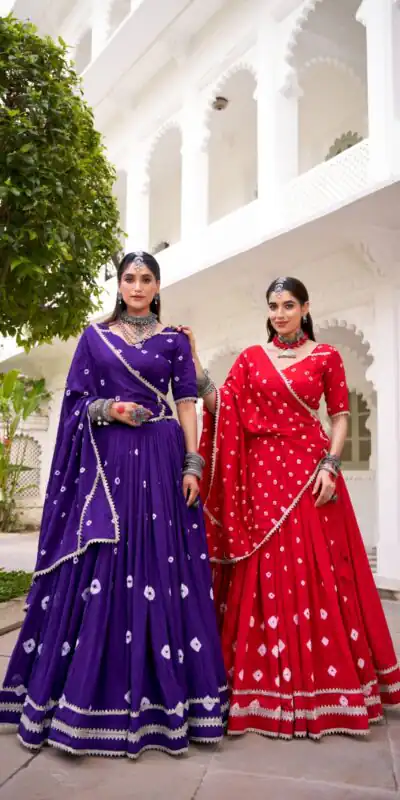 Red Chanderi Bandhej Lehenga Choli | Lehenga, Bollywood Lehenga, Creative Lehenga, Designer Lehenga, Embroidered Lehenga, Party Wear Lehenga