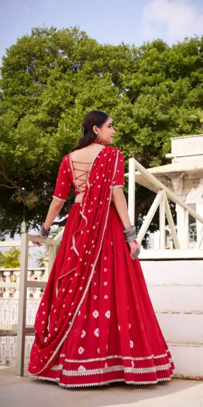 Red Chanderi Bandhej Lehenga Choli | Lehenga, Bollywood Lehenga, Creative Lehenga, Designer Lehenga, Embroidered Lehenga, Party Wear Lehenga