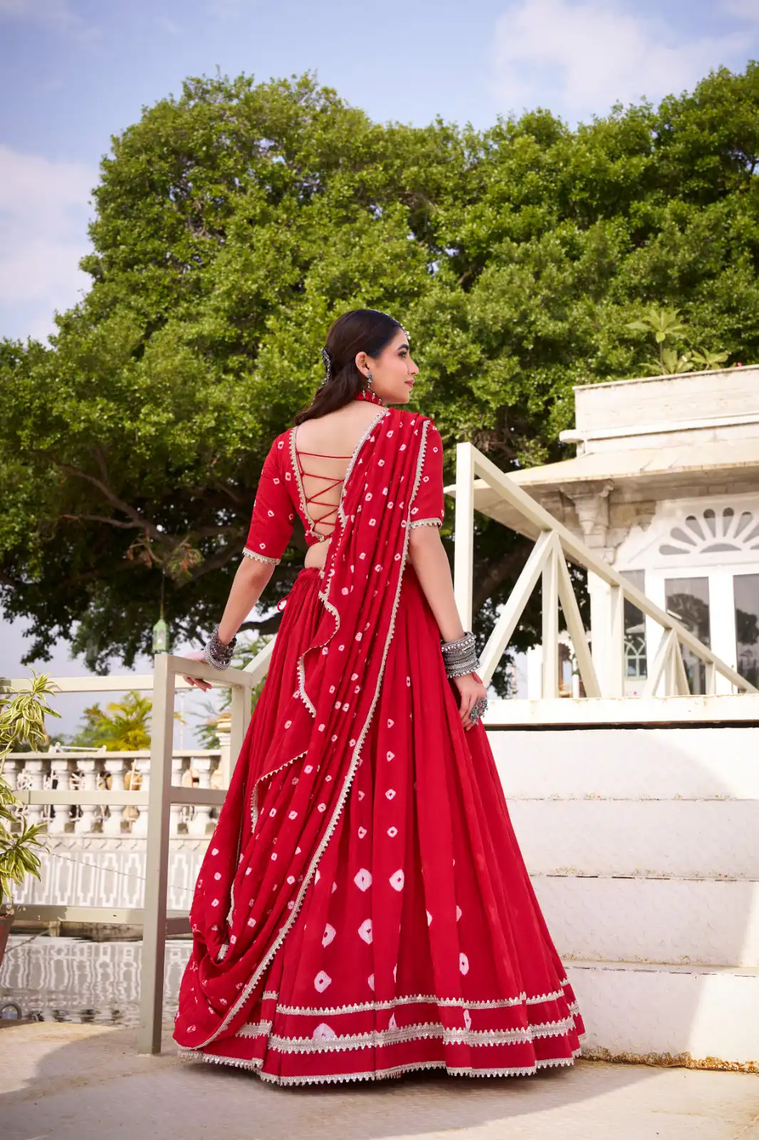Red Chanderi Bandhej Lehenga Choli | Lehenga, Bollywood Lehenga, Creative Lehenga, Designer Lehenga, Embroidered Lehenga, Party Wear Lehenga