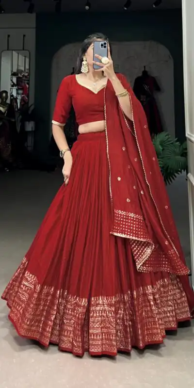 Red Chanderi Weaving Lehenga Choli | Lehenga, Bollywood Lehenga, Creative Lehenga, Designer Lehenga, Embroidered Lehenga, Party Wear Lehenga
