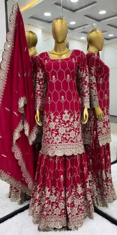 Red Chinnon Silk Embroidery Work Sharara Suit | Salwar suit, Casual Suits, Creative suits, Designer Suits, Palazzo Suits, Party Wear Suits, Straight Suits