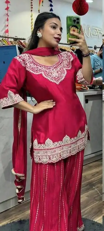 Red Chinnon Silk Lace Embroidery Work Salwar Suit | Jump Suits, Salwar suit, Casual Suits, Creative suits, Designer Suits, Palazzo Suits, Party Wear Suits, Patiala Suits, Straight Suits