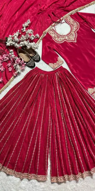 Red Chinnon Silk Lace Embroidery Work Salwar Suit | Jump Suits, Salwar suit, Casual Suits, Creative suits, Designer Suits, Palazzo Suits, Party Wear Suits, Patiala Suits, Straight Suits