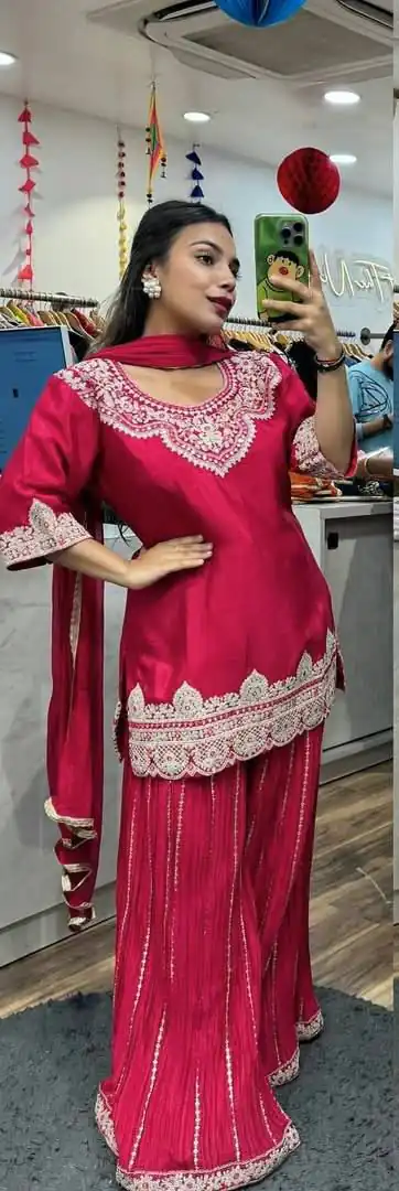 Red Chinnon Silk Lace Embroidery Work Salwar Suit | Jump Suits, Salwar suit, Casual Suits, Creative suits, Designer Suits, Palazzo Suits, Party Wear Suits, Patiala Suits, Straight Suits