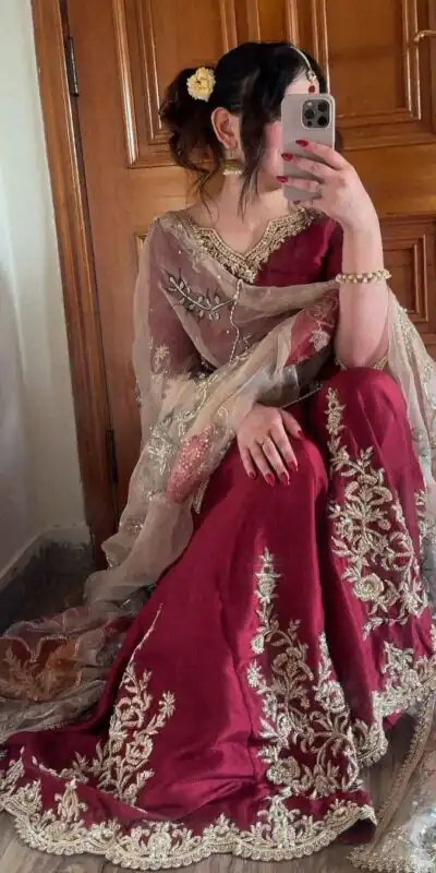 Red Chinnon Silk With Embroidery Work Sharara Suit | Jump Suits, Salwar suit, Casual Suits, Creative suits, Designer Suits, Palazzo Suits, Party Wear Suits, Patiala Suits, Straight Suits