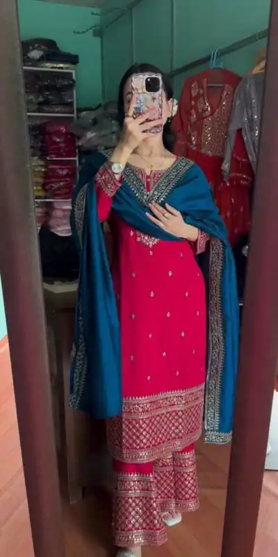 Red Chinon Lace Embroidery Work Salwar Suit | Jump Suits, Tops & Bottoms, Track Suits, Salwar suit, Casual Suits, Creative suits, Designer Suits, Palazzo Suits, Party Wear Suits, Patiala Suits, Straight Suits, Trendy Wear