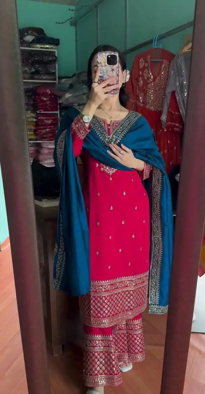 Red Chinon Lace Embroidery Work Salwar Suit | Jump Suits, Tops & Bottoms, Track Suits, Salwar suit, Casual Suits, Creative suits, Designer Suits, Palazzo Suits, Party Wear Suits, Patiala Suits, Straight Suits, Trendy Wear