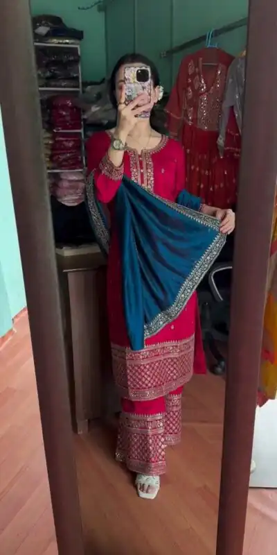 Red Chinon Lace Embroidery Work Salwar Suit | Jump Suits, Tops & Bottoms, Track Suits, Salwar suit, Casual Suits, Creative suits, Designer Suits, Palazzo Suits, Party Wear Suits, Patiala Suits, Straight Suits, Trendy Wear