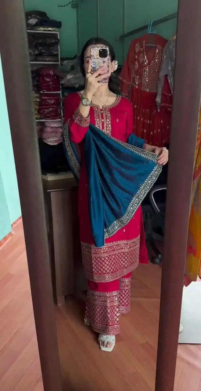 Red Chinon Lace Embroidery Work Salwar Suit | Jump Suits, Tops & Bottoms, Track Suits, Salwar suit, Casual Suits, Creative suits, Designer Suits, Palazzo Suits, Party Wear Suits, Patiala Suits, Straight Suits, Trendy Wear