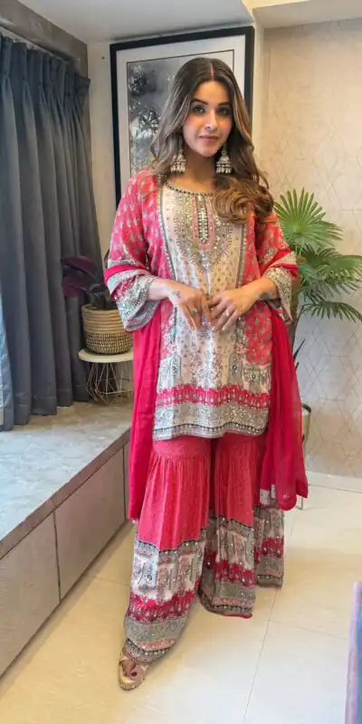 Red Chinon Printed Salwar Suit | Jump Suits, Salwar suit, Casual Suits, Creative suits, Designer Suits, Palazzo Suits, Party Wear Suits, Patiala Suits, Straight Suits