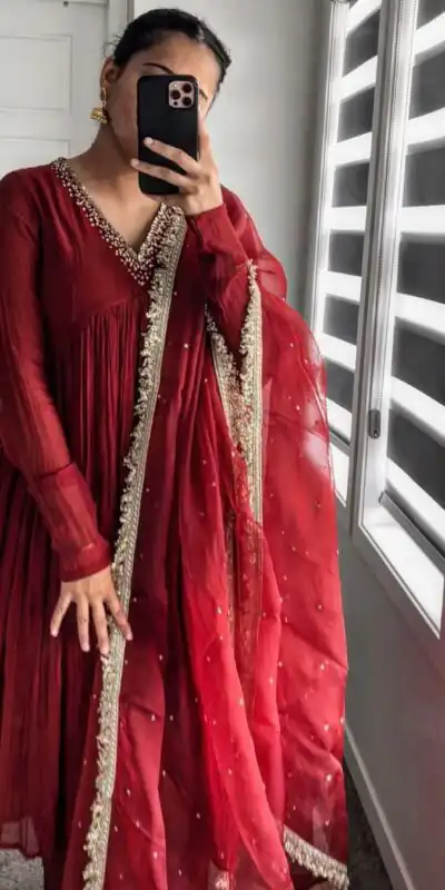 Red Chinon Silk Embroidery Gown | Jump Suits, Salwar suit, Casual Suits, Creative suits, Designer Suits, Palazzo Suits, Party Wear Suits, Patiala Suits, Straight Suits