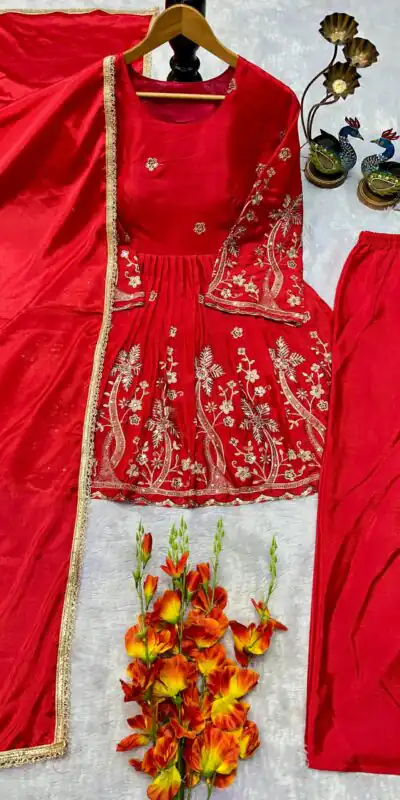 Red Chinon Silk Lace Embroidery Work Salwar Suit | Jump Suits, Salwar suit, Casual Suits, Creative suits, Designer Suits, Palazzo Suits, Party Wear Suits, Patiala Suits, Straight Suits