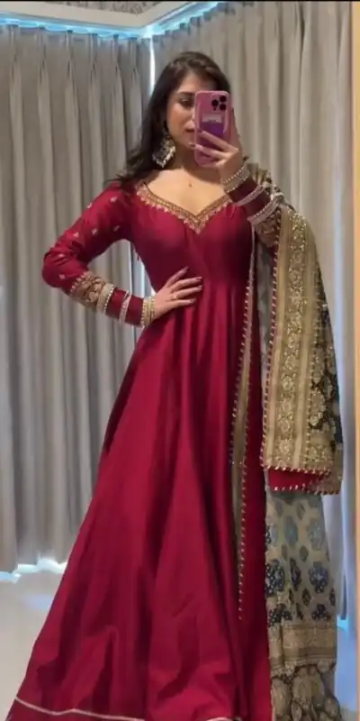 Red Chinon Silk Lace Work Digital Print Gown | Gowns, Bollywood Gowns, Creative Gowns, Designer Gowns, Embroidered Gowns, Party Wear Gowns