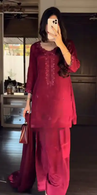 Red Chinon Silk Sequence Work Salwar Suit | Jump Suits, Tops & Bottoms, Track Suits, Salwar suit, Casual Suits, Creative suits, Designer Suits, Palazzo Suits, Party Wear Suits, Patiala Suits, Straight Suits, Trendy Wear