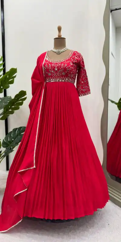 Red Chinon Silk Thread Real Mirror Gown | Gowns, Bollywood Gowns, Creative Gowns, Designer Gowns, Embroidered Gowns, Party Wear Gowns, Straight Suits