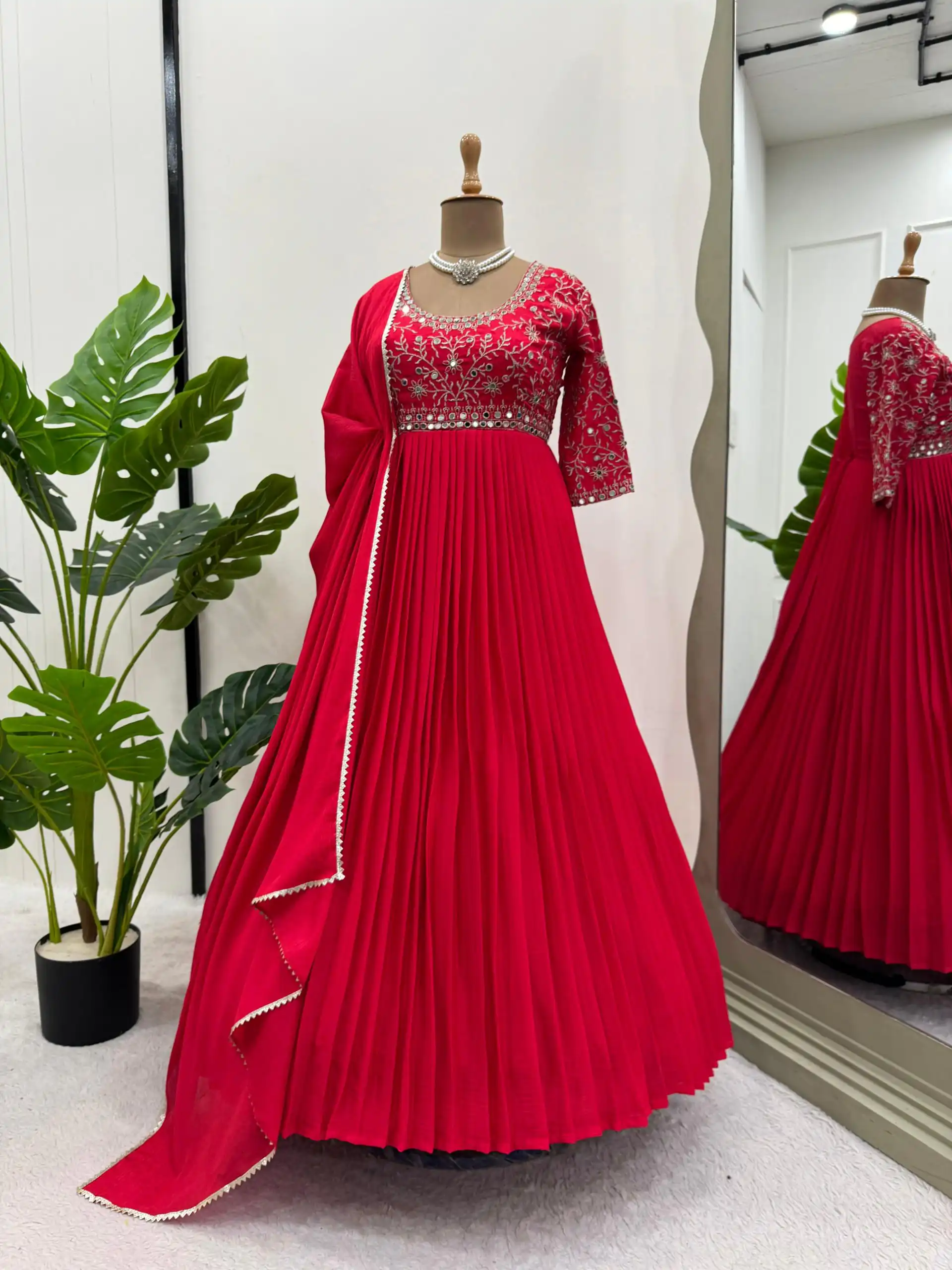Red Chinon Silk Thread Real Mirror Gown | Gowns, Bollywood Gowns, Creative Gowns, Designer Gowns, Embroidered Gowns, Party Wear Gowns, Straight Suits