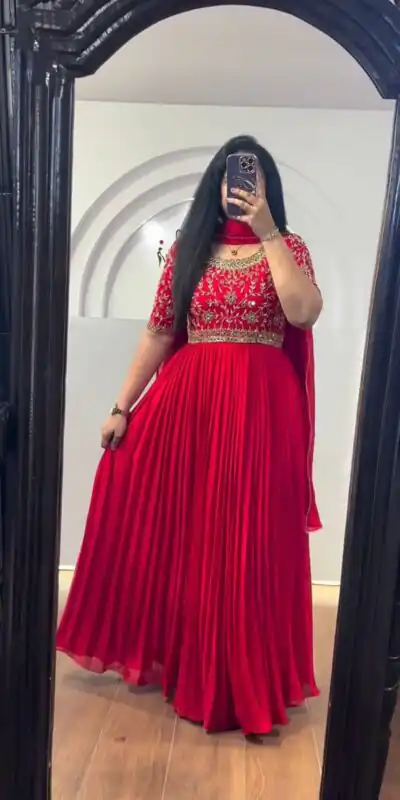 Red Chinon Silk Thread Real Mirror Gown | Gowns, Bollywood Gowns, Creative Gowns, Designer Gowns, Embroidered Gowns, Party Wear Gowns, Straight Suits