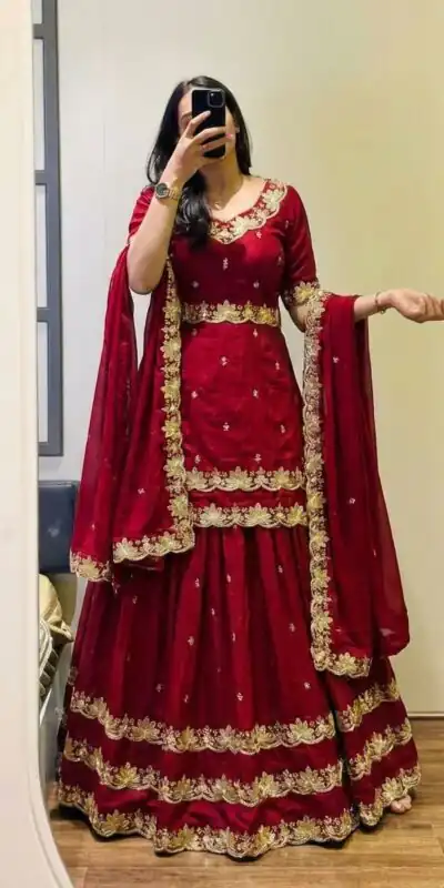Red Chinon Silk Thread Work Lehenga Choli | Lehenga, Bollywood Lehenga, Creative Lehenga, Designer Lehenga, Embroidered Lehenga, Party Wear Lehenga