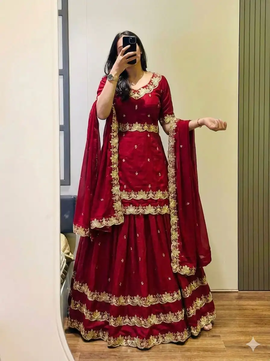 Red Chinon Silk Thread Work Lehenga Choli | Lehenga, Bollywood Lehenga, Creative Lehenga, Designer Lehenga, Embroidered Lehenga, Party Wear Lehenga
