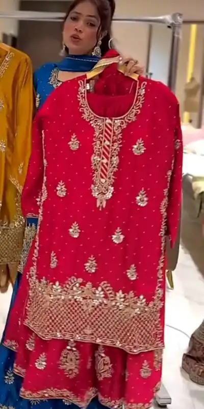 Red Chinon Silk With Embroidery Work Salwar Suit | Jump Suits, Salwar suit, Casual Suits, Creative suits, Designer Suits, Palazzo Suits, Party Wear Suits, Patiala Suits, Straight Suits