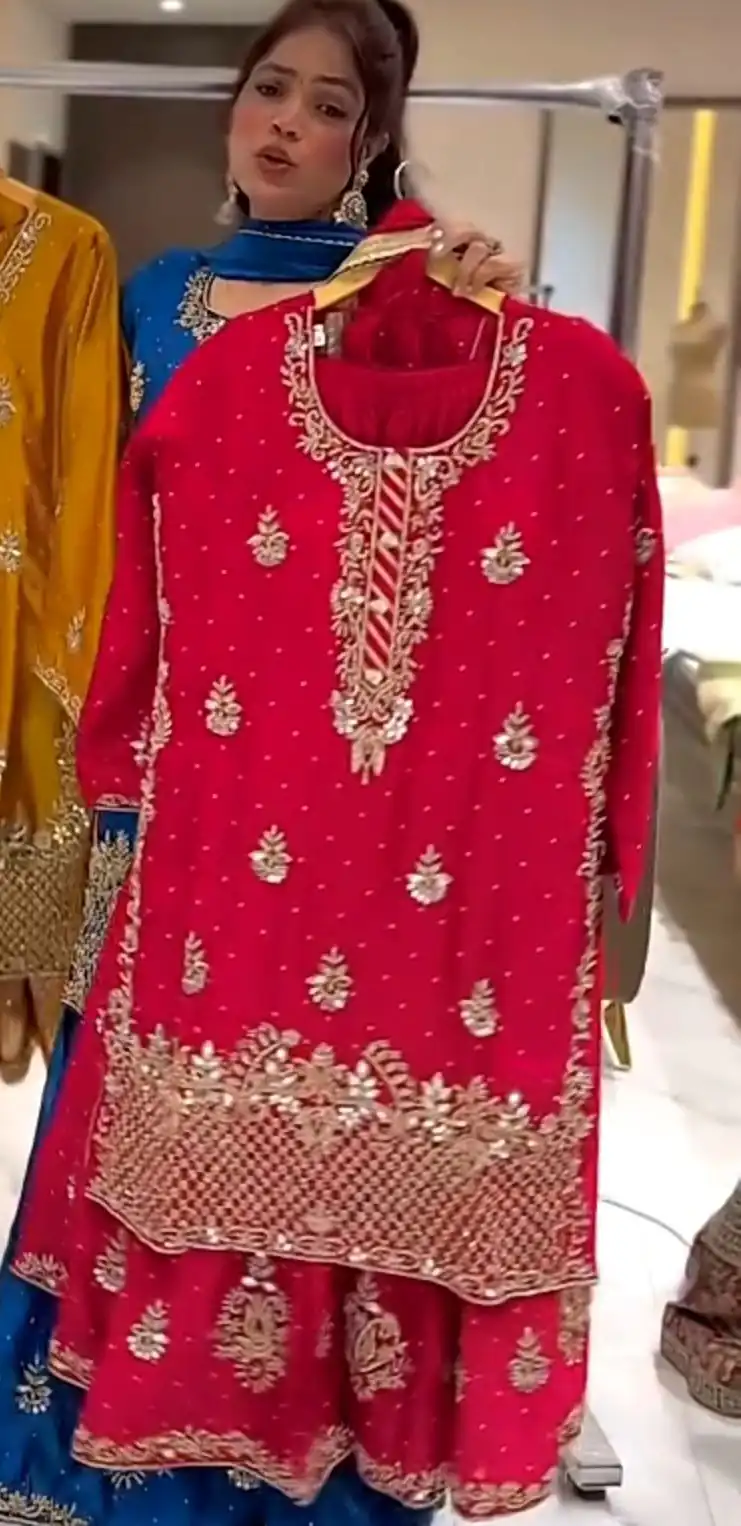Red Chinon Silk With Embroidery Work Salwar Suit | Jump Suits, Salwar suit, Casual Suits, Creative suits, Designer Suits, Palazzo Suits, Party Wear Suits, Patiala Suits, Straight Suits