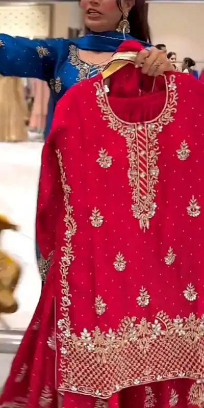 Red Chinon Silk With Embroidery Work Salwar Suit | Jump Suits, Salwar suit, Casual Suits, Creative suits, Designer Suits, Palazzo Suits, Party Wear Suits, Patiala Suits, Straight Suits
