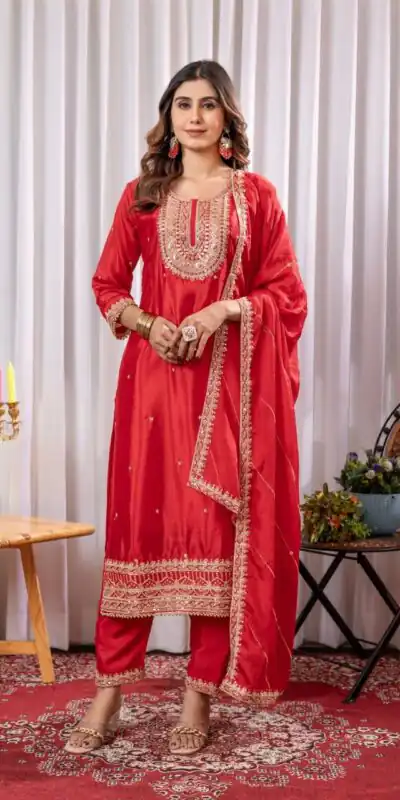 Red Chinon Thread Sequence Work Salwar Suit | Jump Suits, Salwar suit, Casual Suits, Creative suits, Designer Suits, Palazzo Suits, Party Wear Suits, Patiala Suits, Straight Suits