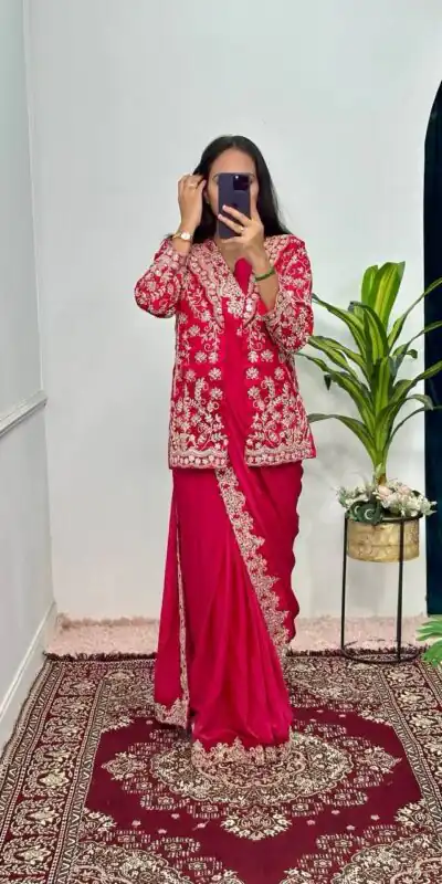 Red Chinon Work On Koti With Lace Border Saree | Sarees, Bollywood Sarees, Creative Sarees, Designer Sarees, Embroidered Sarees, Ethnic Saree, Modern Digital sarees, Party Wear Sarees