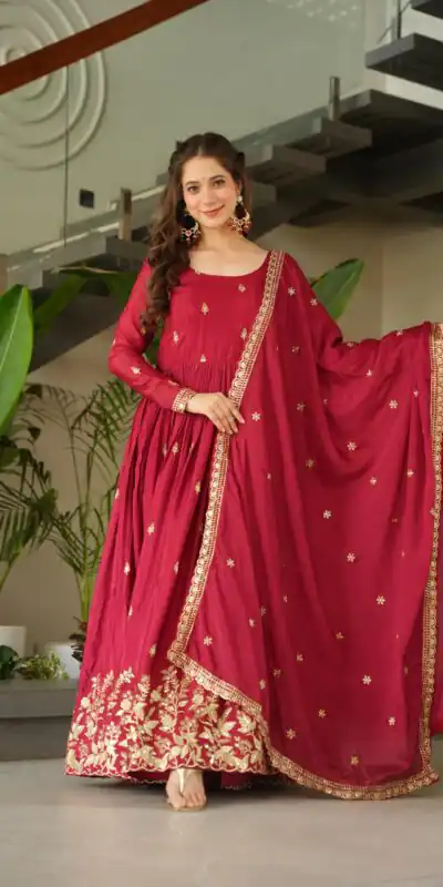 Red Chinon Zari Embroidery Work Gown | Gowns, Bollywood Gowns, Creative Gowns, Designer Gowns, Embroidered Gowns, Party Wear Gowns