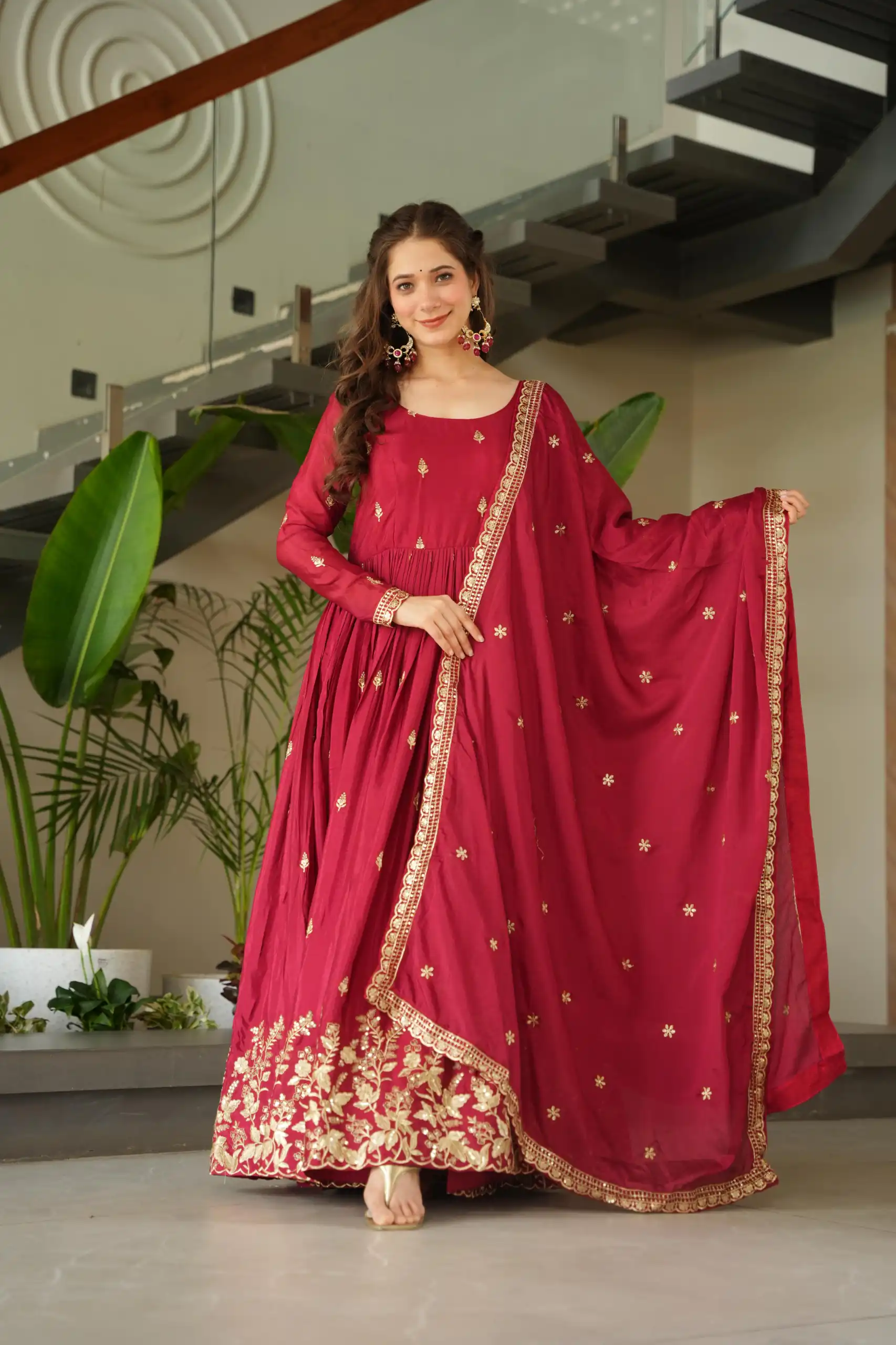 Red Chinon Zari Embroidery Work Gown | Gowns, Bollywood Gowns, Creative Gowns, Designer Gowns, Embroidered Gowns, Party Wear Gowns