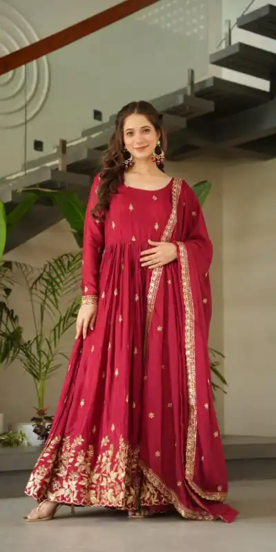 Red Chinon Zari Embroidery Work Gown | Gowns, Bollywood Gowns, Creative Gowns, Designer Gowns, Embroidered Gowns, Party Wear Gowns