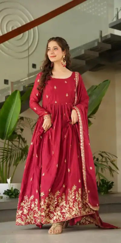 Red Chinon Zari Embroidery Work Gown | Gowns, Bollywood Gowns, Creative Gowns, Designer Gowns, Embroidered Gowns, Party Wear Gowns