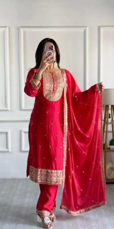 Red Cosmo Silk Heavy Embroidery Sequence Work Salwar Suit | Jump Suits, Salwar suit, Casual Suits, Creative suits, Designer Suits, Palazzo Suits, Party Wear Suits, Patiala Suits, Straight Suits