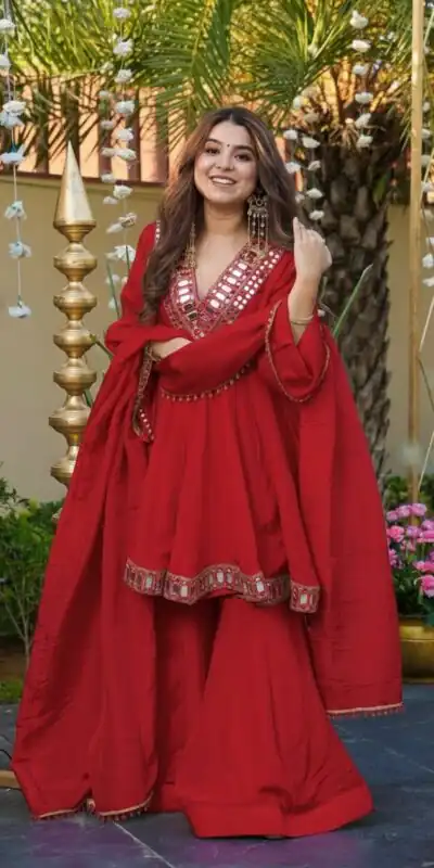 Red Cosmos Mirror Lace Work Salwar Suit | Jump Suits, Salwar suit, Casual Suits, Creative suits, Designer Suits, Palazzo Suits, Party Wear Suits, Patiala Suits, Straight Suits