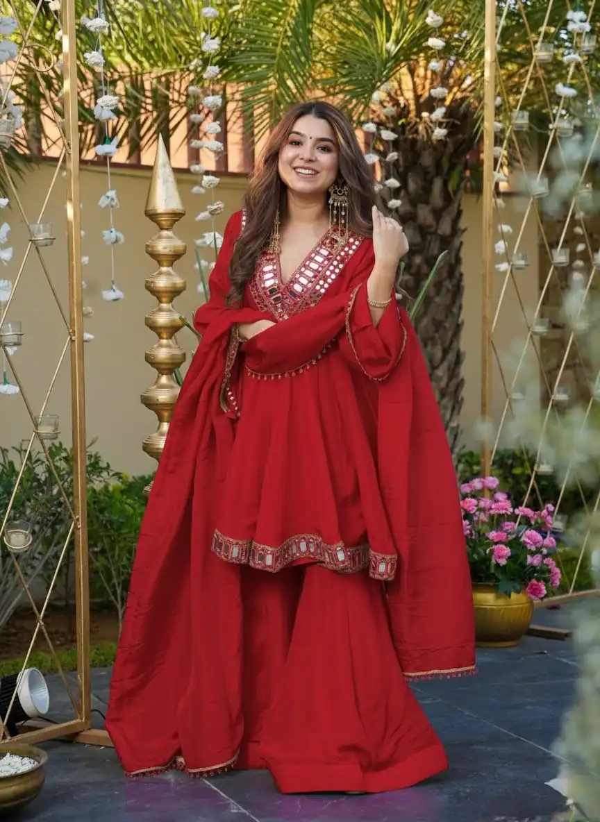 Red Cosmos Mirror Lace Work Salwar Suit | Jump Suits, Salwar suit, Casual Suits, Creative suits, Designer Suits, Palazzo Suits, Party Wear Suits, Patiala Suits, Straight Suits