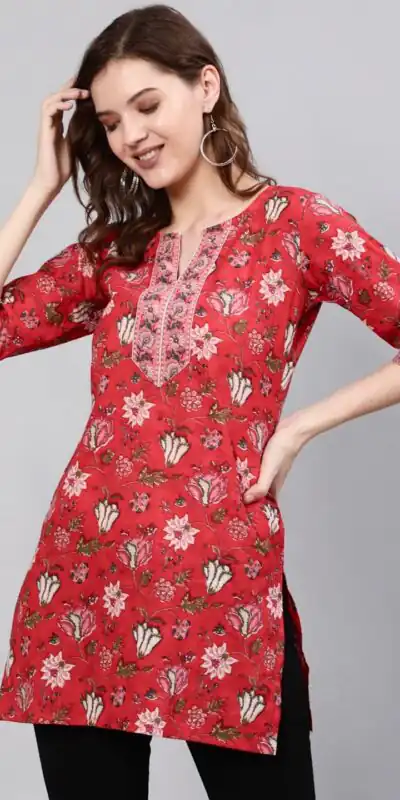 Red Cotton Printed Kurti | Kurti, Bollywood Kurti, Creative Kurtis, Designer Kurti, Party Wear Kurti, Selfie Kurti